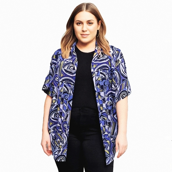 Maggie Barnes Purple Chartreuse Abstract Short Sleeve Button Down Top 20W - Picture 3 of 14